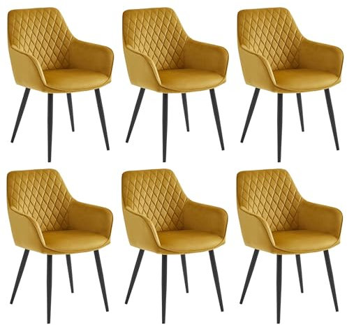 Colenis® - Beverly - Jaune Ocre - Lot de 6 - Chaise de Salle à Manger Moderne Chaise de Cuisine en Velours et métal