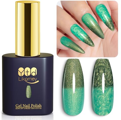 YTD Likomey UV Pearl Tread Nagellack Farbwechsel,15ml Perlglanz Grün Dunkelgrün Muschel Meerjungfrau Zeichnung Perlglanz Glitter Stimmung Temperaturwechsel Farben,Thermal UV Gel