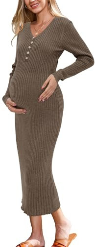 OUGES Wool Blend Knitted Maternity Dress for Photoshoot Midi Nursing Breastfeeding Clothes Pregnancy Jumpers-M Coffee