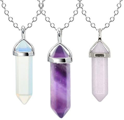 3 pièces collier pendentif en cristal pierre de guérison naturelle améthyste collier de pierres précieuses de quartz rose pour les femmes,Collier en Cristal Or, Quartz Rose Collier Améthyste Cristaux