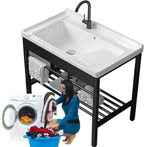 YANGYMM Lavandino per Lavanderia da Esterno in Plastica con ASSE per Lavare, Lavandino per Interni ed Esterni, Stazione di Lavaggio per Lavandino, per Lavanderia, Ripostiglio, Garage,61x48x83cm