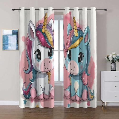 Rosa Blickdichte Vorhänge mit Ösen Cartoon-Einhorn Verdunkelungsvorhang 2er Set B140 x H245 cm Gardine Polyester für Schlafzimmer Kinderzimmer Wohnzimmer Dekoration