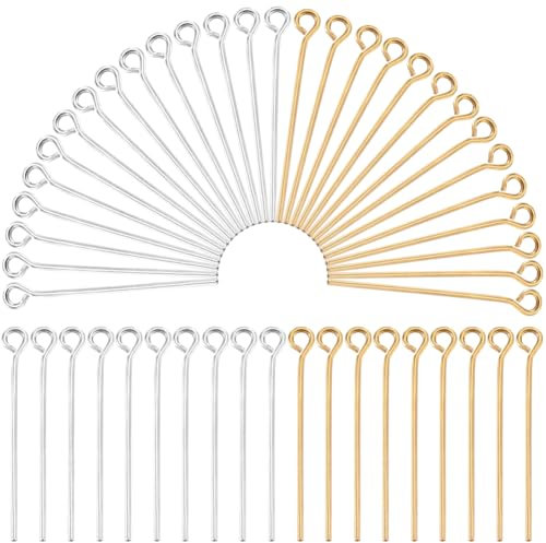 SOFPLATE 600 Stück 0.94 Zoll 24mm Lange Ösenstifte Langer Silberner Ösenstift Schmuck 21 Gauge Messing Metall Silberfarben Golden Offene Augenstift Zum Basteln von Ohrringen Armbändern Halsketten DIY
