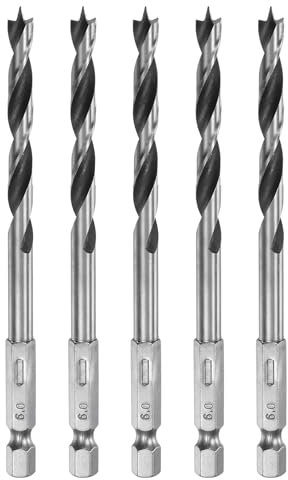 QUARKZMAN 5Pcs Foret Pointe Brad 6mm (15/64) en Acier à Roulement Tige Hexagonale 1/4 Forets à Bois Longueur de Travail 2.13 Outil de Perçage en Spirale pour Bois Tendre Contreplaqué
