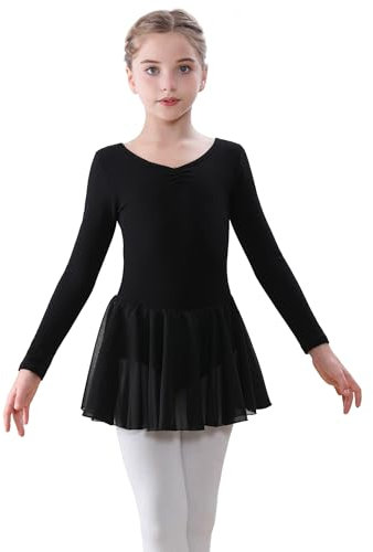 FONLAM Ballettkleid Tanzkleid Mädchen Langarm Balletttrikot Turnanzug Tanztrikot Ballettanzug Ballett Tütü Kinder (9-10 Jahre, Schwarz)
