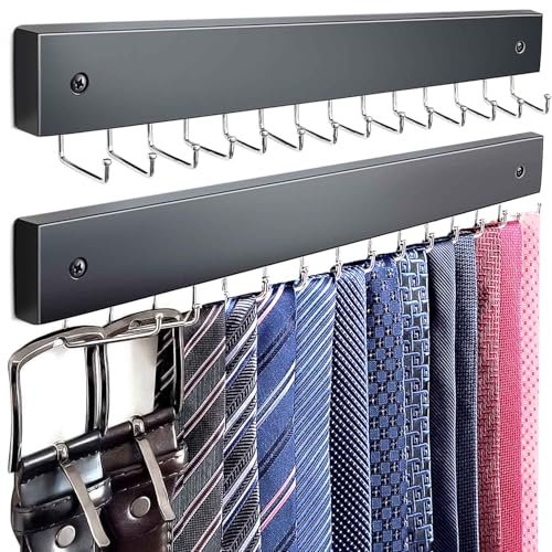KEOAMG 2Pack Tie Rack Wall Mounted, Wooden Belt Hanger Tie Organizer for Men with 28 Folding Hooks, Space Saving Tie Holder and Belt Rack for Closet Wall Mount, Black