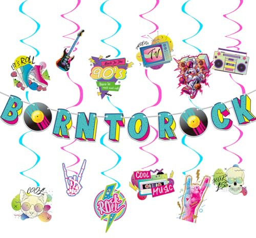 90er Jahre Party Deko,Born To Rock Banner mit Hängende Wirbel Deko 13Stück,Musik Thema Banner Girlande für 1990er Geburtstag Party Rock Musik Hippie Party 90er Disco Retro Party Supplies