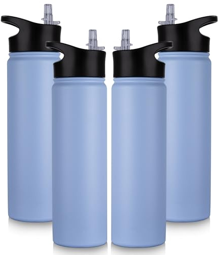 UMBFUN Edelstahl Trinkflasche - 750ml - mit Strohhalm,Auslaufsicher,Kohlensäure Geeignet,BPA frei Thermosflasche(+2 Deckel)Vakuum Doppelwandisolierung für Sport,Reisen,Camping,Schule,Fahrrad,(4er Set)