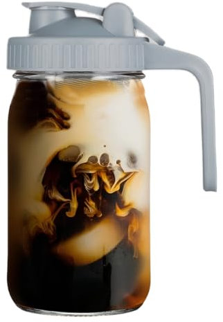 Glass Mason Jar Pitcher, Glass jar with flip Cover and Pouring Port, Mason Jar Pour Spout Lid -Glass Pitcher Seal for Juice Milk Coffee Tea Lemonade, Drink(1pc) (Grey)