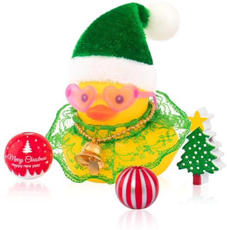 wonuu Weihnachten Gummiente Auto Ornamente Auto Dekorationen Weihnachtszubehör Nikolausmütze Rock und Windglocke Goldene Spitze Kleid