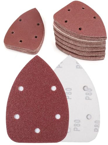 Belegao 60PCS Sanding Pads 40/60/80/120/180/240 Grits, Sanding Sheets 5 Holes Hook and Loop Multi Tool Mouse Sander Pad Triangle Sanderpaper for Random Orbital Sander Sanding, Polishing(B-14x9cm)