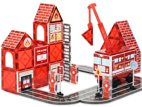Magnetic Tiles Road Set with Fire Truck, Creative Magnetic Building Construction Toy for kids Ages 3-12 Boys Girls, STEM Magnet Building Blocks Fire Rescue Station, Including Car