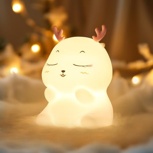 Diboniur Nachtlicht Baby Reh Lampe, 7 Farben und Timer, Nachtlicht Kinder Dimmbar, Touch-Steuerung Silikon Nachttischlampe Kinder, USB-Aufladbar Cute Nachtlicht Kinderzimmer Deko