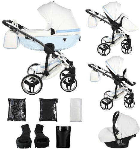 Junama Kinderwagen Candy White 2in1 3in1 4in1 (02 - Weiß und Blau, 3in1 mit Autositz)