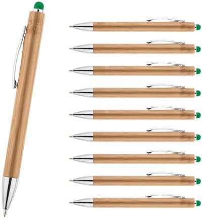 WPRO Bambus Kugelschreiber mit Touchpen 10er Set grün – nachhaltige Stifte blau schreibend mit austauschbarer Mine | umweltfreundliches Schreibset für Büro, Schule & Events