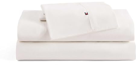 Tommy Hilfiger - Sheet Set, Cotton Washed Percale Bedding with Matching Pillowcases, Crisp & Cool, Solid Home Essentials (Ivory, King)