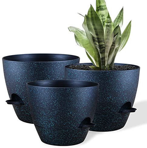 FORAGIFT 25/23/20cm Self-Watering Plant Pots Indoor, 3 Pack Large Plastic Plant Pots with Deep Reservior and High Drainage Holes for Indoor Outdoor Plants and Flowers, Speckled Black with Green