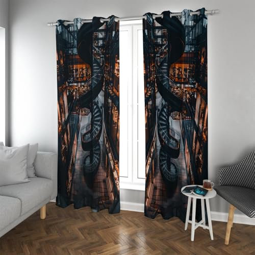 Vintage Spiraltreppe Design Vorhänge Industrial Style Verdunkelung Wärmeisolierte Fenstervorhänge für Wohnzimmer Maschinenwaschbar 2X B140 x H250 cm
