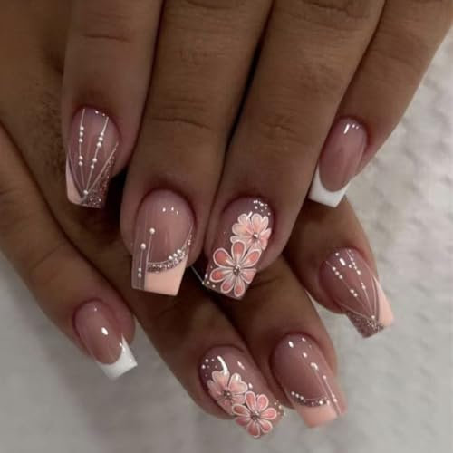 MouyouGlow Press on Nails Short Kurz,Square Nude Weiß French Orange Blumen Floral Glitzer Striped Sommer Fake Nails mit Nagelkleber,White Tips Sweet Flowers Wavy Künstliche Fingernägel