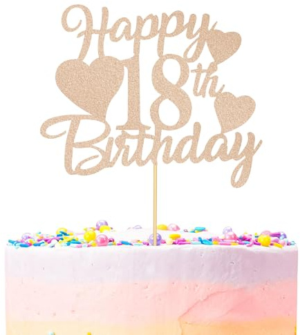 18th Happy Birthday Cake Topper, Rose Gold Glitter Cupcake Topper, 18 Years Old Birthday Cake Decoration for Women Themed Party