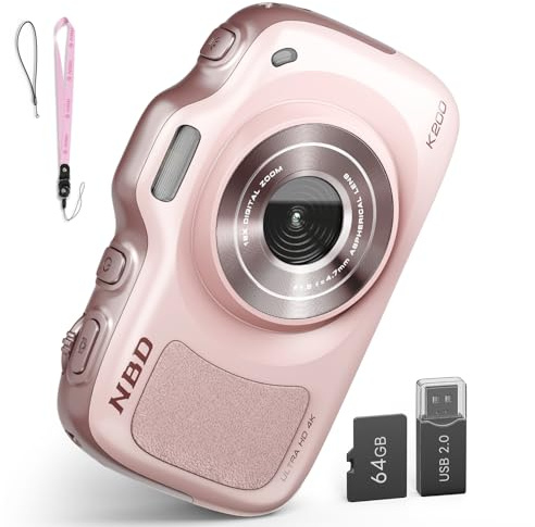 NBD 4K Digitalkamera 64MP, Autofokus, 16X Digitalzoom, Rosa | 2,8 Zoll IPS-Display, 64GB Karte, Type-C, 120g leicht, Retro-Filter, Blitz, Kinder, Jugendliche, Anfänger