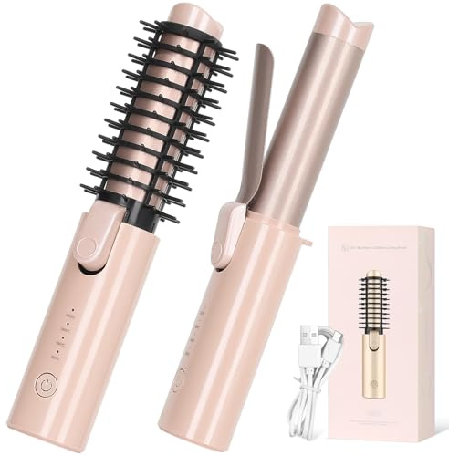 Cordless Curling Iron Brush, 3-in-1 Portable Travel Hair Curler & Straightener Wand, 7000mAh USB Rechargeable, 4 Heat Settings Anti-Scald Ionic Mini Hot Brush for Styling, Smoothing (Pink)