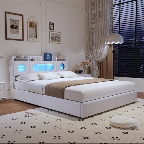 CDQL Polsterbett Doppelbett 160x200 cm mit Gasdruckfeder-Stauraum, Kopfteil mit Ablagefach und Verborgenem Stauraum, LED-Bett mit USB-Anschluss, Funktionsbett, Jugendbett, PU, Weiß