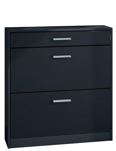 InnoFurn Schuhschrank Roma Schmal mit 2 Klappen und 1 Schublade, Platzsparender Schuhkipper Flurschrank für Diele Flur Garderobe, Schwarz matt (89 x 95,5 x 23 cm)