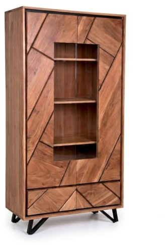 Schauer Vitrine AMBALA | Vitrinenschrank Wohnzimmer Massivholz | Akazie & Metall | Hairpin-Legs | Glasvitrine mit Beleuchtung | Standvitrine Highboard Wohnzimmer Schlafzimmer Flur Esszimmer