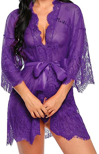 UMIPUBO Femmes Vêtements de Nuit Sexy Lingerie Dentelle Mis en Maille Nuisette Chemise de Nuit Sleepwear Robe + G-String Ensemble (EU 40, Violet)