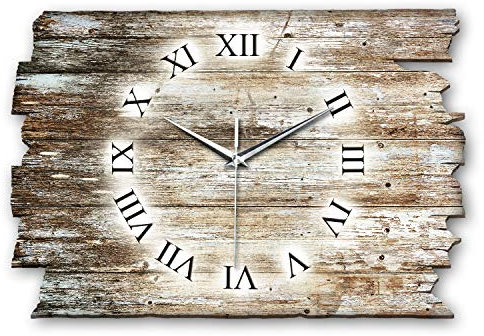 Kreative Feder Designer Wanduhr Holz-Design aus Holz Größe 40x27cm - Wanduhr im Landhaus-Stil Shabby-Style Made in Germany leise ohne Ticken (Holz-Design, leises Funkuhrwerk)