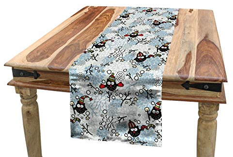 ABAKUHAUS Eulen Tischläufer, Winter Schnee Weihnachten Doodle, Esszimmer Küche Rechteckiger Dekorativer Tischläufer, 40 x 180 cm, Grau Weiß
