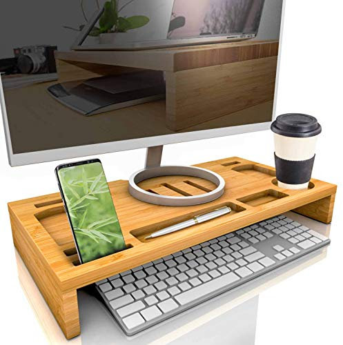 bambuswald© Support pour Moniteur en Bambou | Support d'écran avec Rangement - Organiseur de Bureau Ergonomique 60x30x8,5cm | Ordinateur Portable avec Extension d'écran