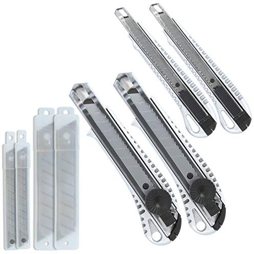 com-four® 4x Cuttermesser mit Ersatzklingen - Teppichmesser mit Aluminiumgriff - Tapetenmesser in 2 Größen - Kartonmesser mit Abbrech-Klingen - scharfe Bastelmesser - Rigipsmesser (Alu - 4 Stück)