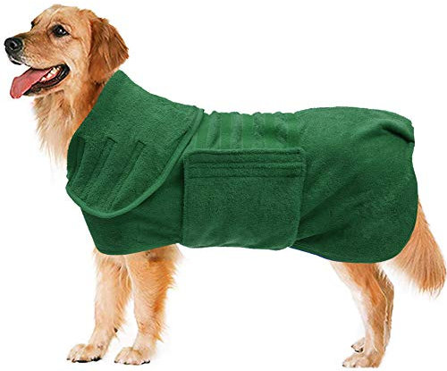 Geyecete Hundebademantel aus Mikrofaser, schnell trocknend Badetuch mit Klettverschluss,sehr saugfähig Bademantel für Hunde und Katzen,Haustier Handtuch-Grün-L
