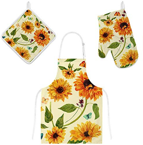 My Daily Grembiule da cucina con tasche, guanto da forno e presine, girasole farfalla regolabile, guanto da microonde, presine, 3 pezzi