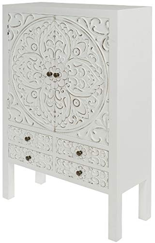 My Flair Kommode Weiß Antik | Kleiner Schrank aus Paulownia MDF Tannenholz | Sideboard mit 4 Schubladen & Doppeltür | Goldverzierung | 63 x 28 x 100 cm
