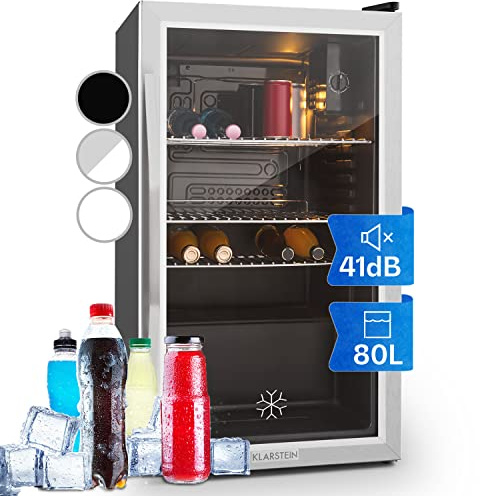 Klarstein Beersafe Dryckeskyl 80 L – Minikylskåp med glasdörr, Svart/Silver | LED-belysning, uttagbara metallhyllor, tyst