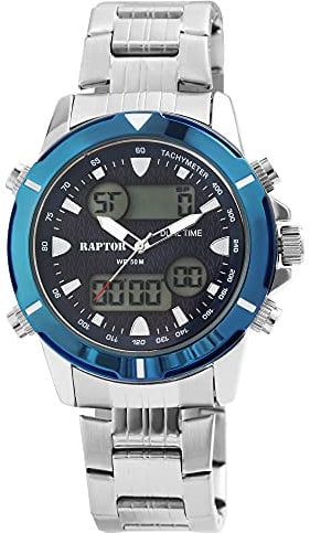 Raptor Veloc Herren-Uhr Edelstahl Stoppuhr Digital Analog Quarz RA20307 (silberfarbig blau)