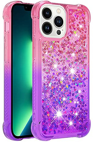 iPhone 13 Pro Max Case, Silicone Glitter Sparkle Clear Phone Case Gradient Two-Tone Floating Liquid Quicksand ShockProof Soft TPU Bumper Protective Cover for iPhone 13 Pro Max, Pink & Purple