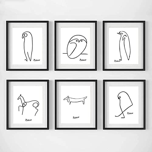 Picasso Minimalistische Linienzeichnung, Tiere, Poster, Schwarz-Weiß, Wandkunst, Leinwandgemälde für Wohnzimmer, Wandbild, Heimdekoration, rahmenlos, 50 × 70 cm × 6 Stück