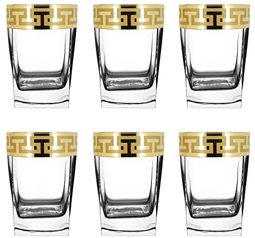 Roman Deluxe Shot Glasses Set of 6 with Unique Unusual Gold Rim Decor/Fancy Vodka Shots/Pretty Tequila Shot Glasses/Heavy Base - 80ml - Gift Set for Women or Men (Gold Greek Decor)