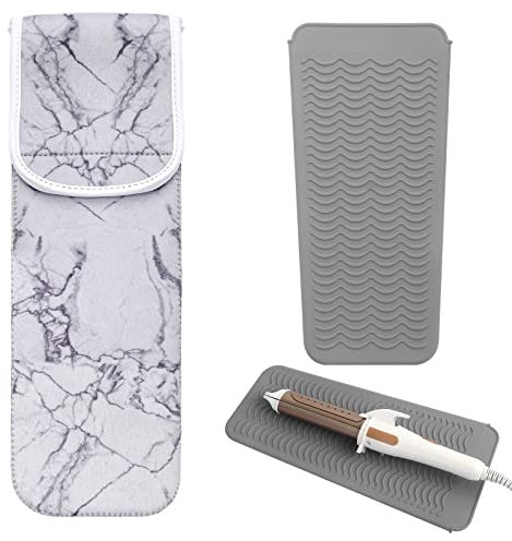 Custodia da viaggio in ferro piatto resistente al calore, con tappetino in silicone resistente al calore, per capelli quotidiani (marmo grigio) 2 pezzi