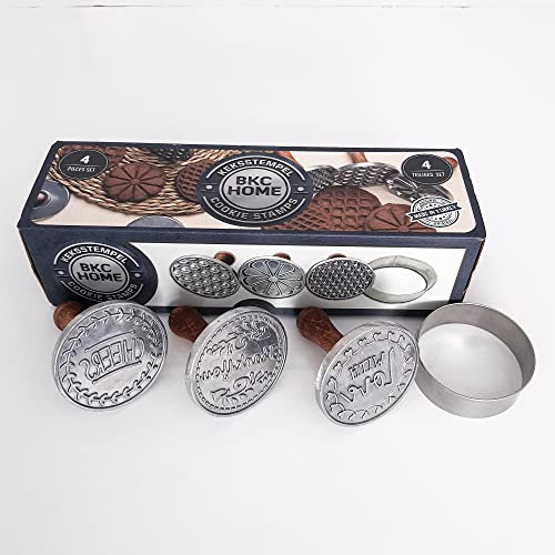 BKC HOME Juego de 4 sellos para galletas, 2 estilos, sello de galletas con cortador de galletas, sello de galletas con mango de madera, juego de sellos para galletas (estilo 2 (Cheers-Thank You-with