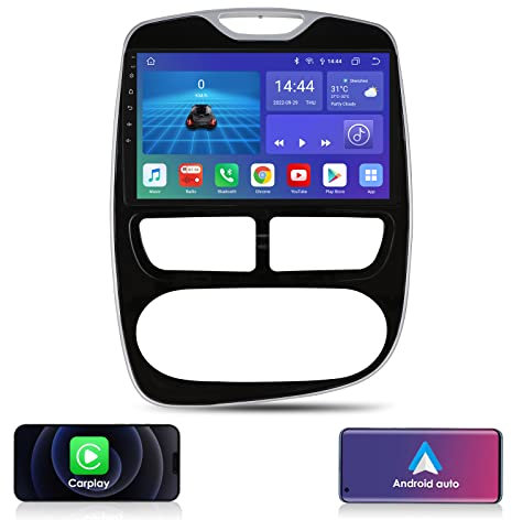 Ossuret Carplay Car Radio for Renault Clio 2012-2016, 10.1 Inch Touchscreen 6 + 64 GB GPS Navigation with Bluetooth Weather Display WiFi 4G LTE DSP RDS SWC