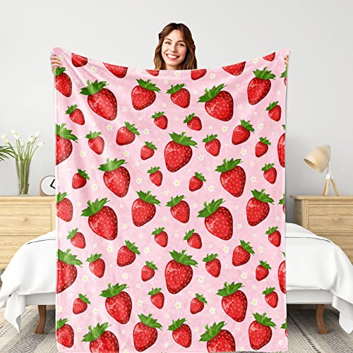 Rosa Erdbeer-Decke für Kinder und Mädchen, weiche, leichte Erdbeer-Überwurfdecke für Sofa, Bett, Reisen, Camping, Geschenkidee, 127 x 152,4 cm