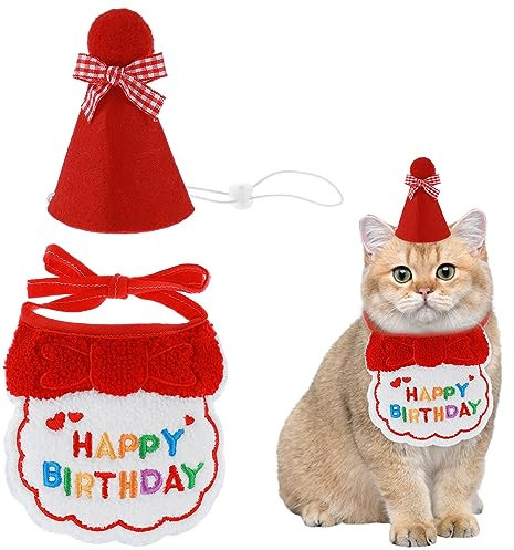 Amaxiu Geburtstagsmütze Schal-Set für kleine Hunde und Katzen, niedliches Haustier Geburtstags Bandana Partyzubehör Welpen Happy Birthday Besticktes für Mädchen Jungen Kätzchen Weihnachten(Rot)