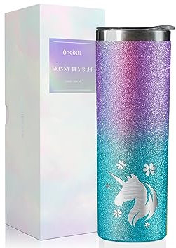 Onebttl Einhorn-Geschenke für Teenager-Mädchen und Frauen, 570 ml, isolierte Edelstahlbecher mit Deckel und Strohhalmen – glitzerndes Blau, Lila – Blume
