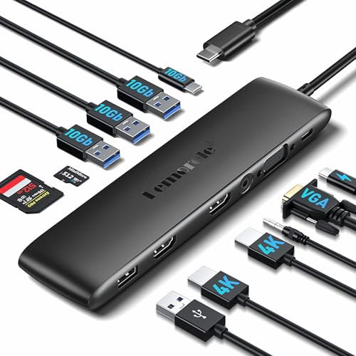 2025 Upgrade Docking Station mit 10Gbps Datenanschluss,Lemorele 12-in-1 USB-C Adapter mit Dual 4K HDMI, VGA, 4 USB A 3.1/2.0, USB C 3.1,100W PD,SD/TF,Audio für Windows, MacBook, Dell usw