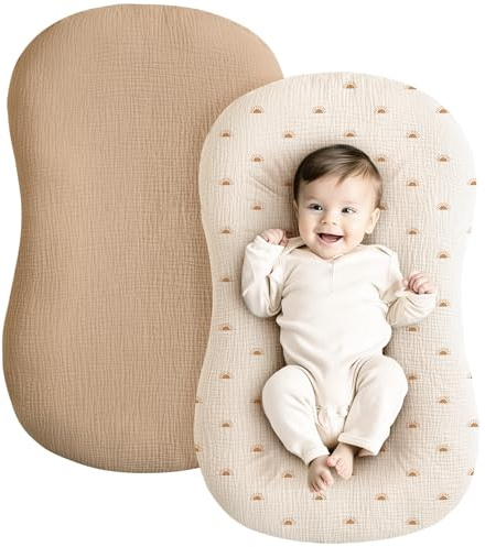 Konssy Muslin Baby Lounger Cover 2 Pack, 100% Cotton Newborn Lounger Cover, Soft and Breathable Baby Nest Slipcover for Boys Girls (Camel,Sun)